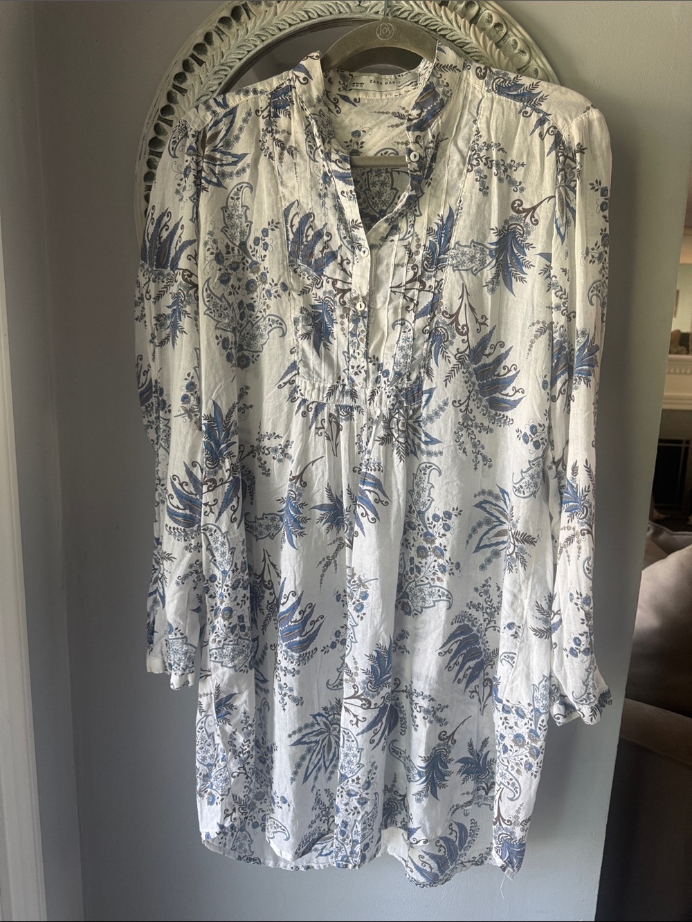Zara Light Blue & Navy Floral Button XL Tunic 38  length 23 pit to pit